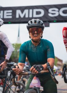 Mountain Games Athlete Haley Dumke rides her bike during a race.